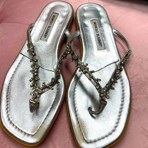 Manolo Blahnik Silver Leather Flip Flops